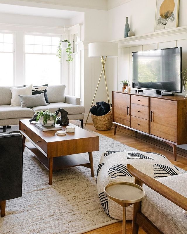 black and white minimalist mid century modern living room