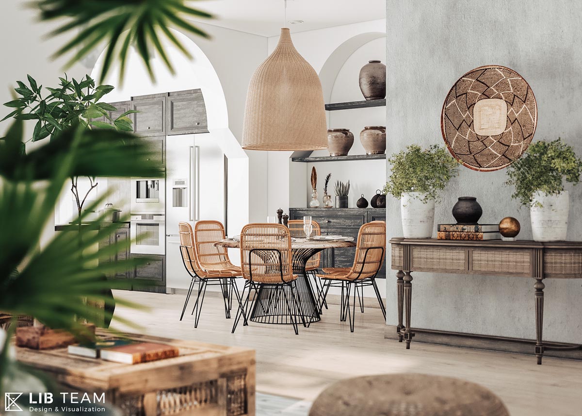 rattan and black metal round dining table set