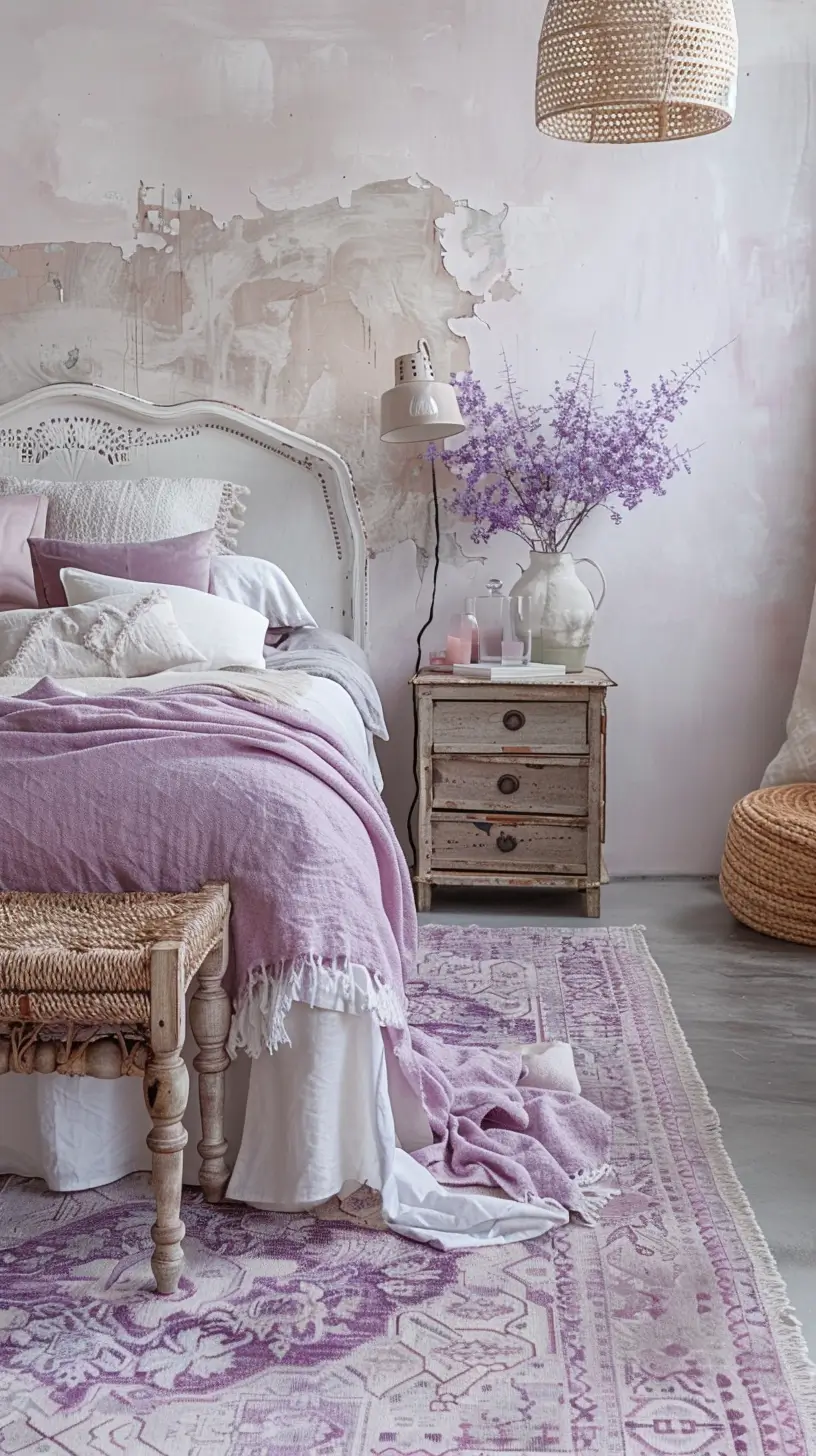 light lilac boho bedroom, tranquil ambiance, eclectic textures, serene atmosphere, unwinding and relaxation