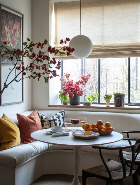 breakfast dining corner nook with banquette, art, plants, cozy, aestetic,window flowers, round table, pollows