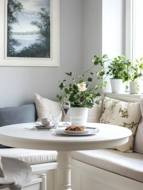 breakfast dining corner nook with banquette, art, plants, cozy, aestetic,window flowers, IKEA white INGATORP Extendable table, pillows