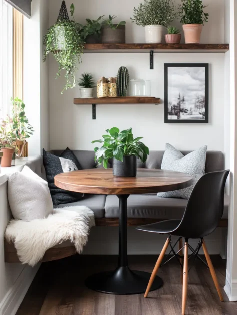 breakfast dining corner nook with banquette, Walnut Live Edge Floating Shelves, plants, cozy, aestetic,window flowers, round table, pollows